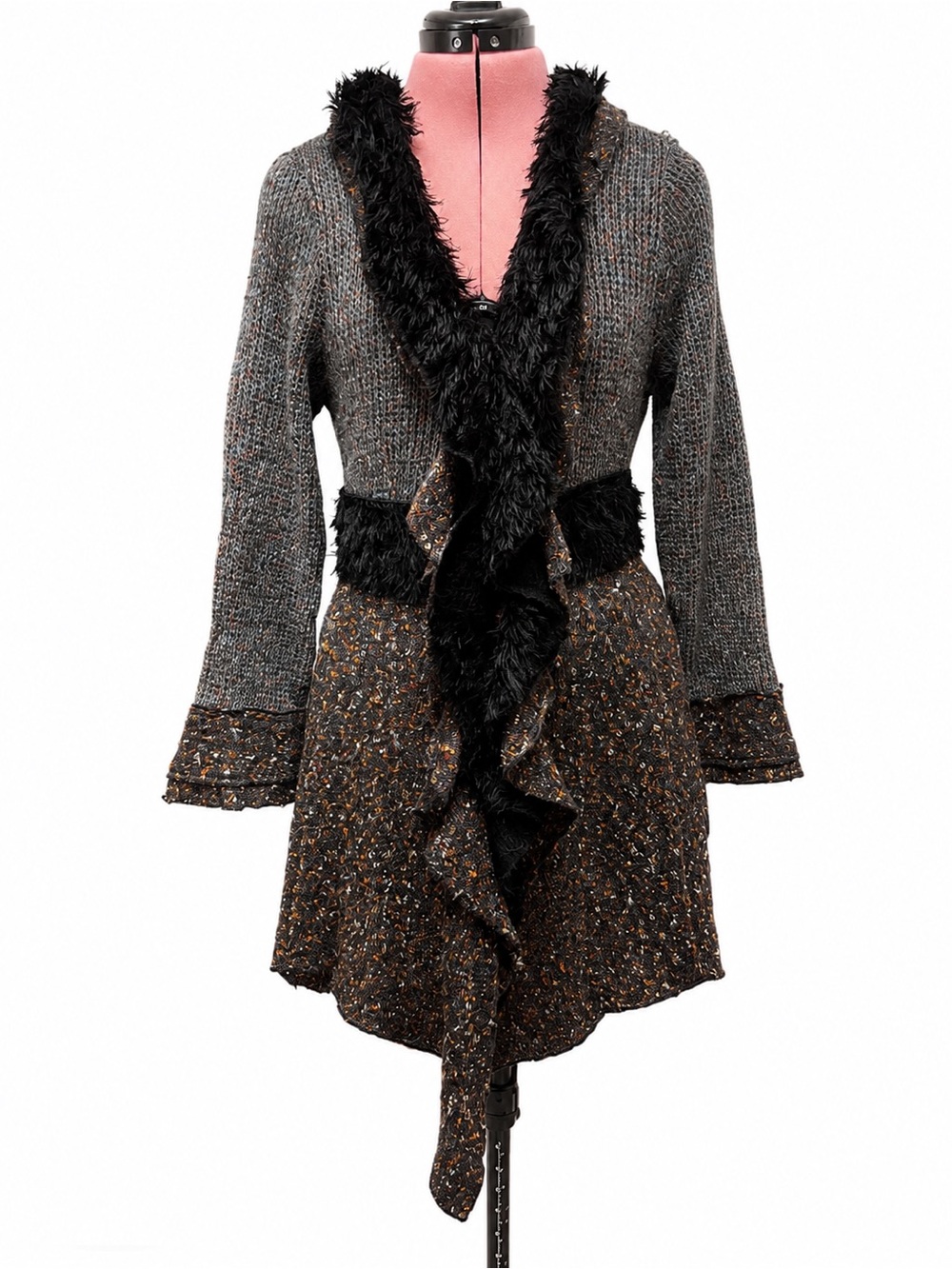 Vintage Concept Faux Fur Trim Ruffle Duster Cardigan Sweater